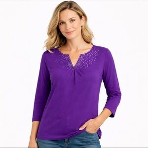 Quacker Factory Jeanne Bice Top Large Purple Rhinestone Neckline 3/4 Sleeve